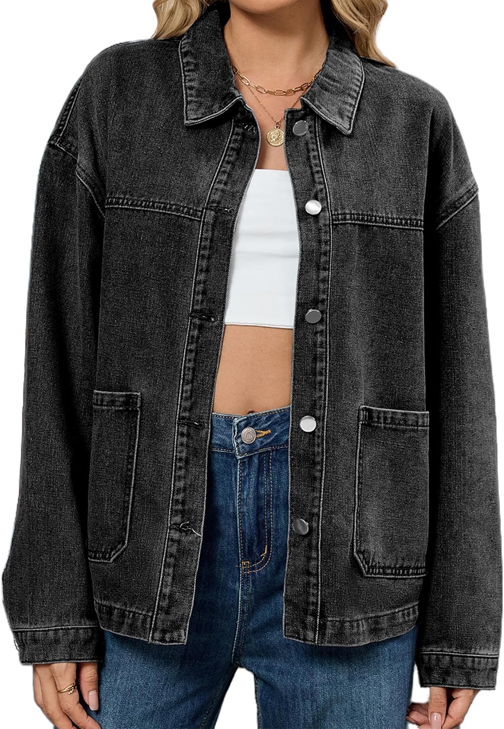 ZILIN Womens Jean Denim Jacket Long Sleeve Button Down Shirts Oversized Trendy Coat Fall Fashion Winter Clothes with Pockets