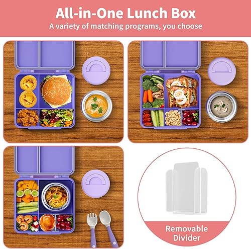 Miniatura 5 de Lonchera Bento para niños con contenedor térmico de alimentos (9 onzas), lonchera de 4 compartimentos, divisor ajustable, lonchera Bento a prueba de