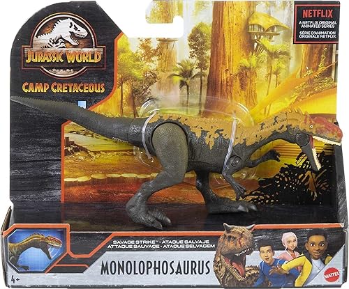 Miniatura 6 de Jurassic World Figura de dinosaurio de golpe salvaje de Monolophosaurus Cretácico de Toys Camp, tamaño más pequeño, movimiento icónico de ataque a