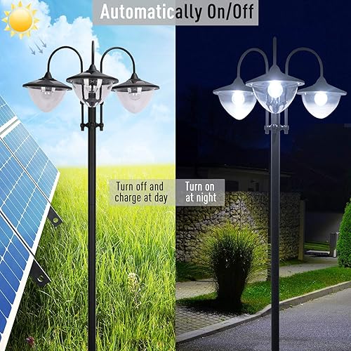 Miniatura 4 de Outsunny - Lámpara solar de 3 cabezales de 74.5 pulgadas con maceta, encendido automático, 6 horas máximo, iluminación LED lista para exteriores,