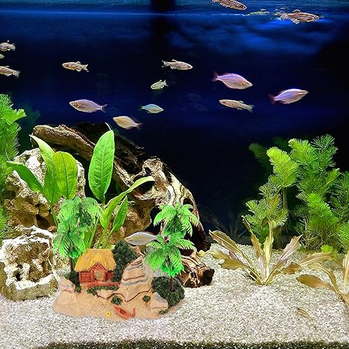 Miniatura 6 de POPETPOP Decoración de acuario para acuario, decoración de pecera, decoración de barco, decoración romántica de playa, cocotero, casa de madera,