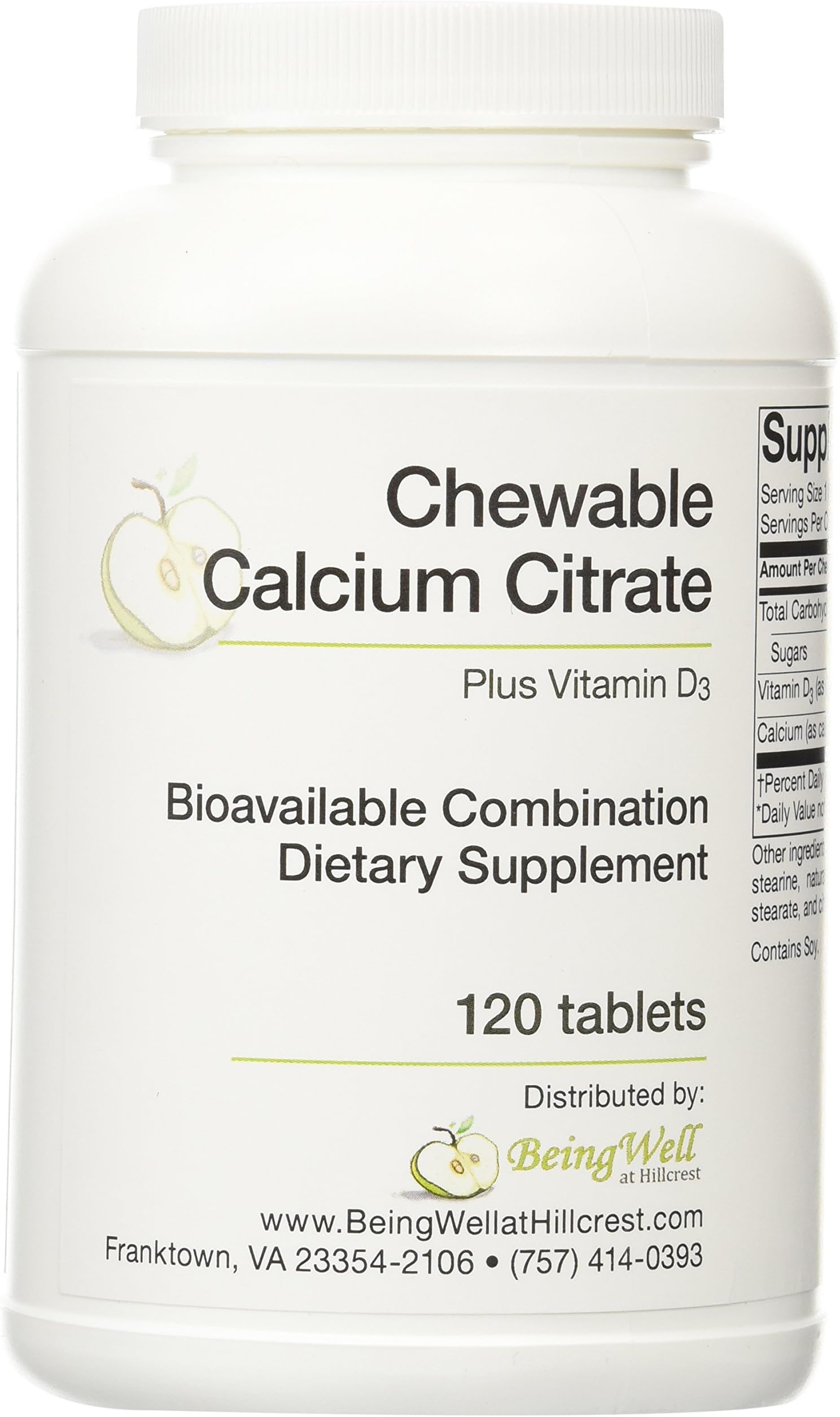 Chewable Calcium Citrate Plus Vitamin D3 Bioavailable Combination Dietary Supplement 120 Tablet