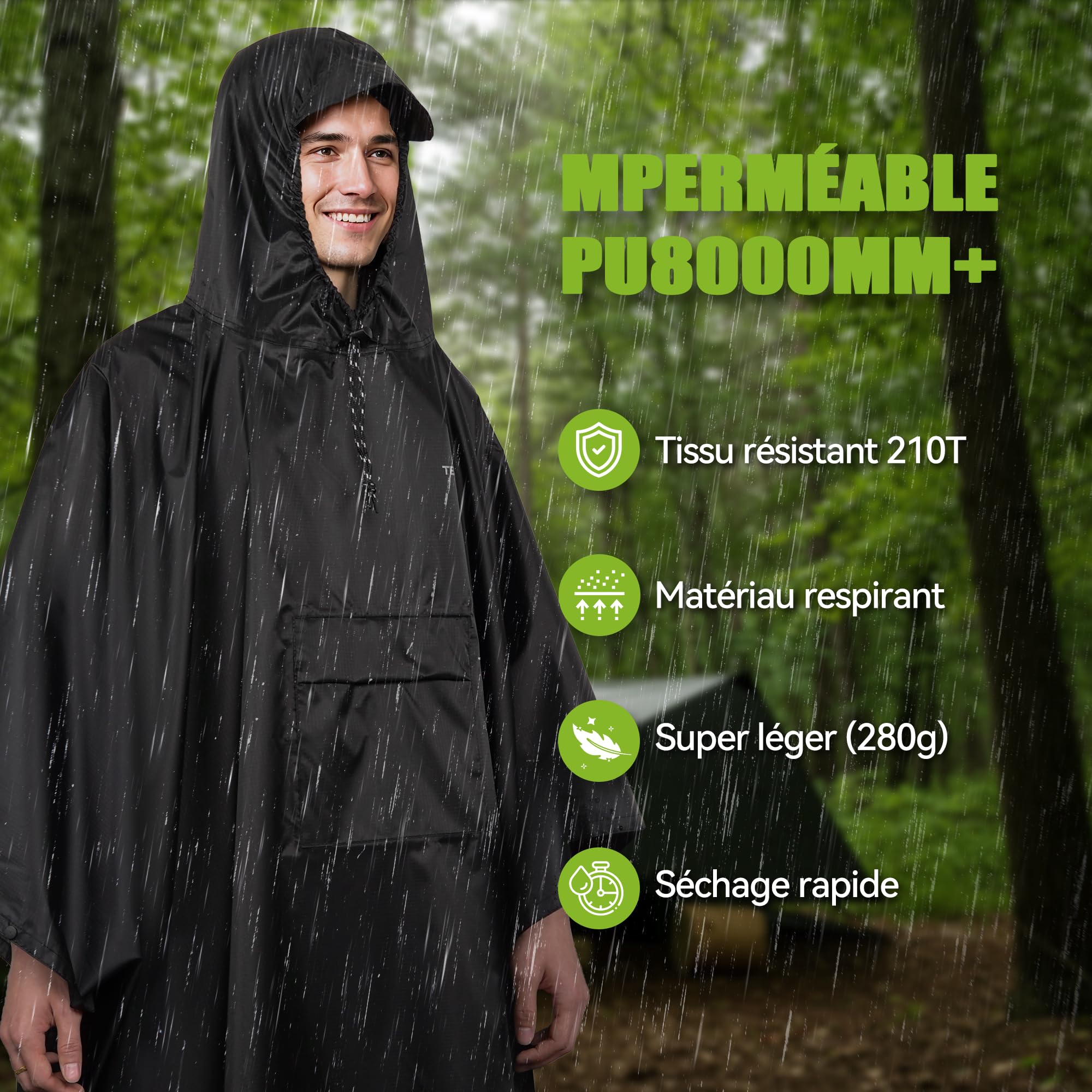 TechRise Poncho de Pluie Imperméable Unisexe à Capuche | Ultra-léger compact en EVA réutilisable, multifonction pour randonnée, camping, pêche et cyclisme
