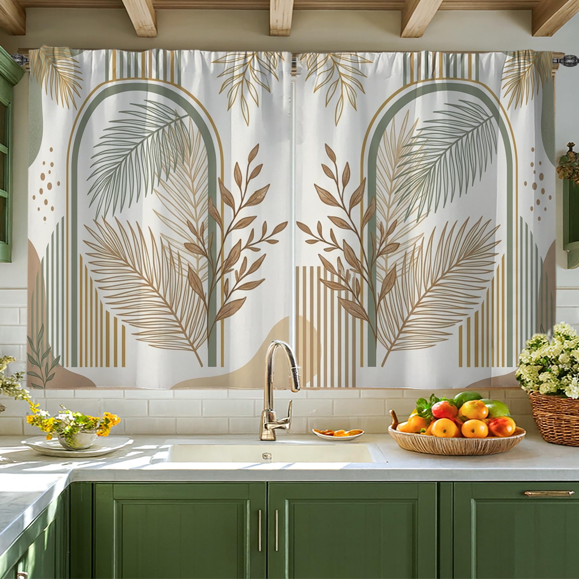 Rideaux de cuisine botanique moderne à rayures pour fenêtre 106x114 cm