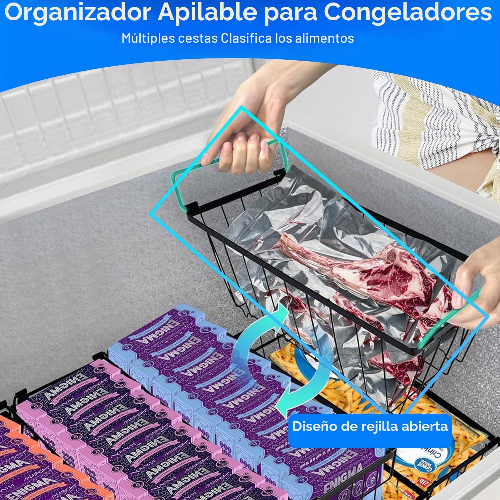 Juego De 6 Organizadores Apilables para Congelador con Asas | Base Antideslizante, Aptos Para Congelador O Frigorífico, Optimizan El Espacio De Almacenamiento