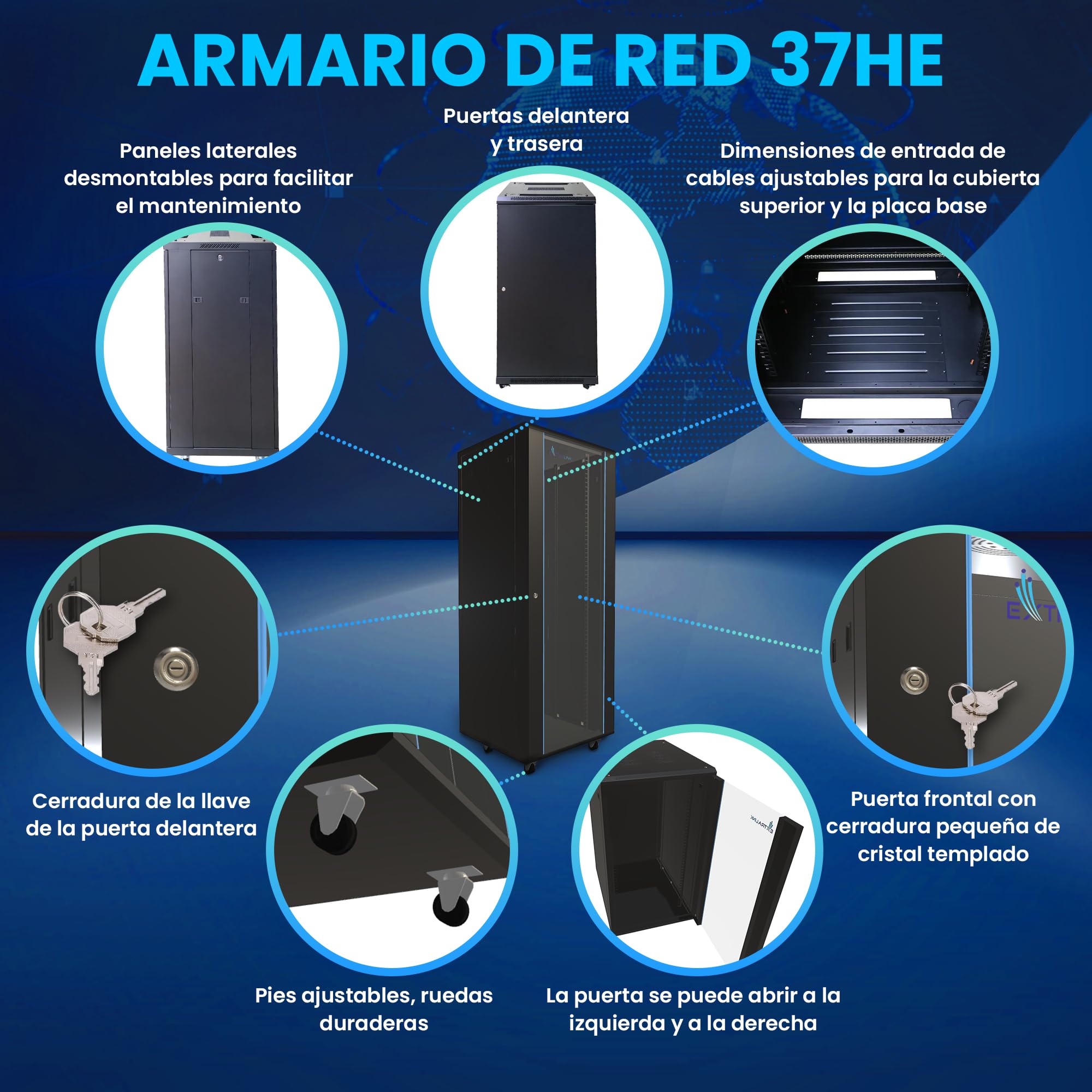 Armario Rack 19 Pulgadas 37 U 600x800 Independiente Paneles Laterales Desmontables Marco para autoensamblaje Armario de Red para UPS Switch Vidrio Templado Negro Armario Rack de servidores