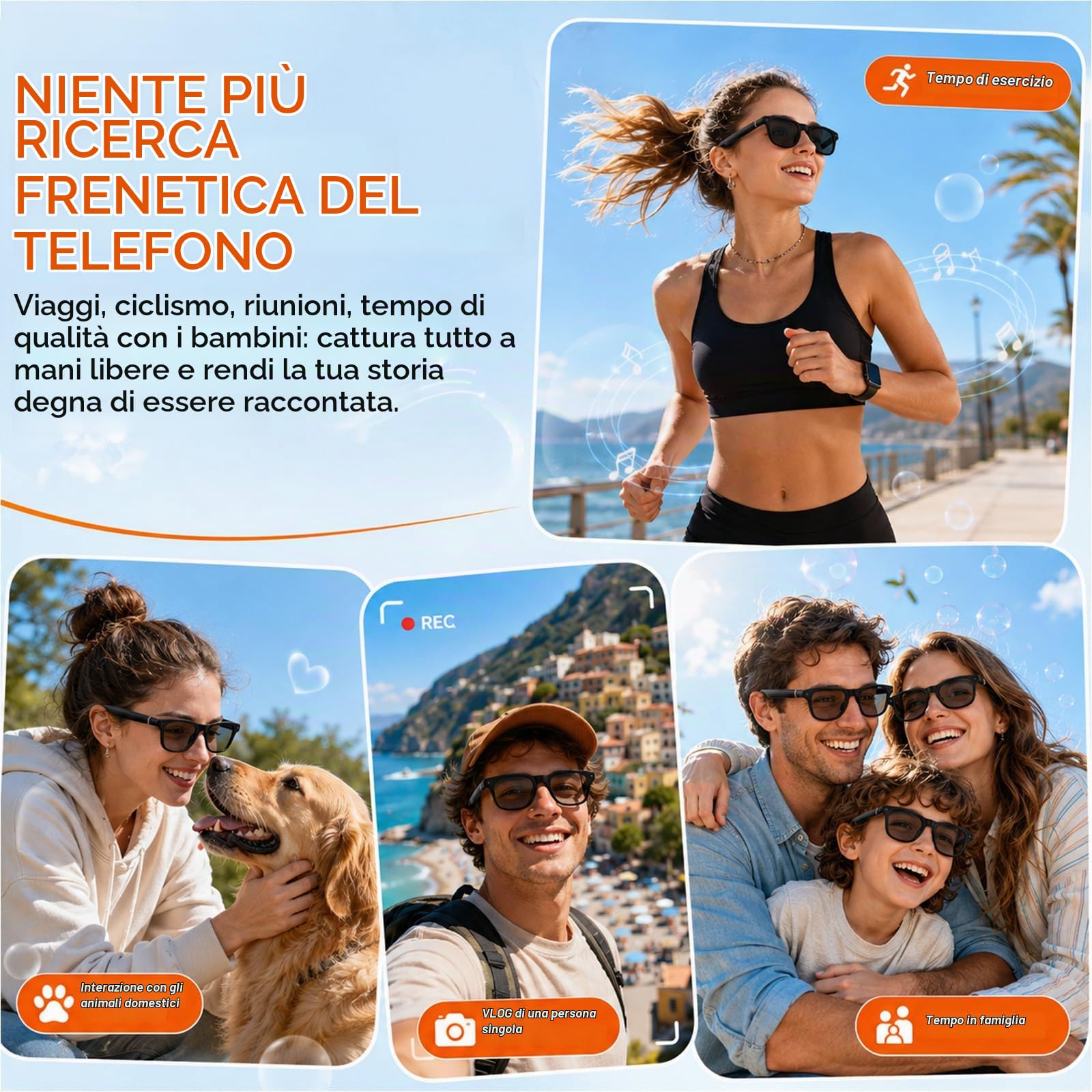 AI Smart Glasses con fotocamera, occhiali per registrazione video 4K HD, traduzione in tempo reale in 163 lingue, assistente vocale GPT KI, Bluetooth, con controllo vocale, fotocromatico UV400 Smart