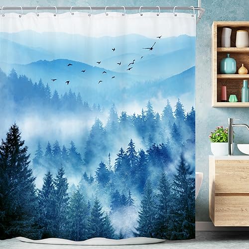 Miniatura 56 de Riyidecor Cortina de ducha de montaña verde rústica para baño, paisaje de bosque, paisaje, tela impermeable, paisaje alpino, decoración de baño