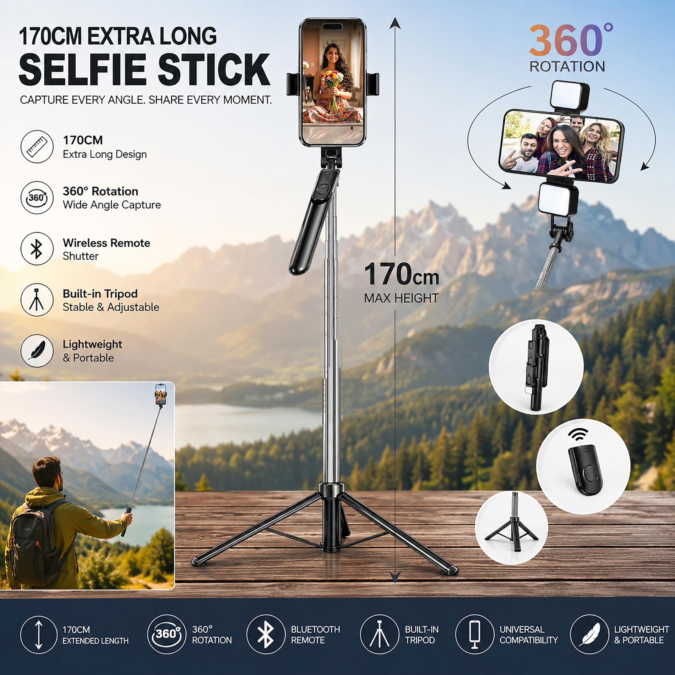 CIRYCASE® Phone Tripod, Flexible Tabletop & Travel Tripods with Wireless Remote, 360° Rotating Portable (Selfie Tripod Handle Grip with Light) — Amazon image 4