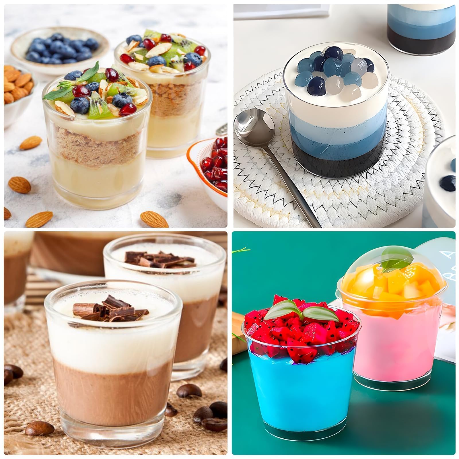 50 szt. 210ml Plastikowe Pojemniki na Desery – Przezroczyste Pucharki z Pokrywką i Łyżeczką na Pudding Mus Lody – Na Wesela Przyjęcia