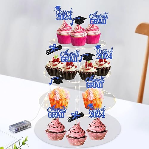 Miniatura 4 de 24 piezas 2024 decoraciones para cupcakes de graduación 2024 con purpurina para la clase de 2024, diploma de felicitaciones, tapa de graduación,