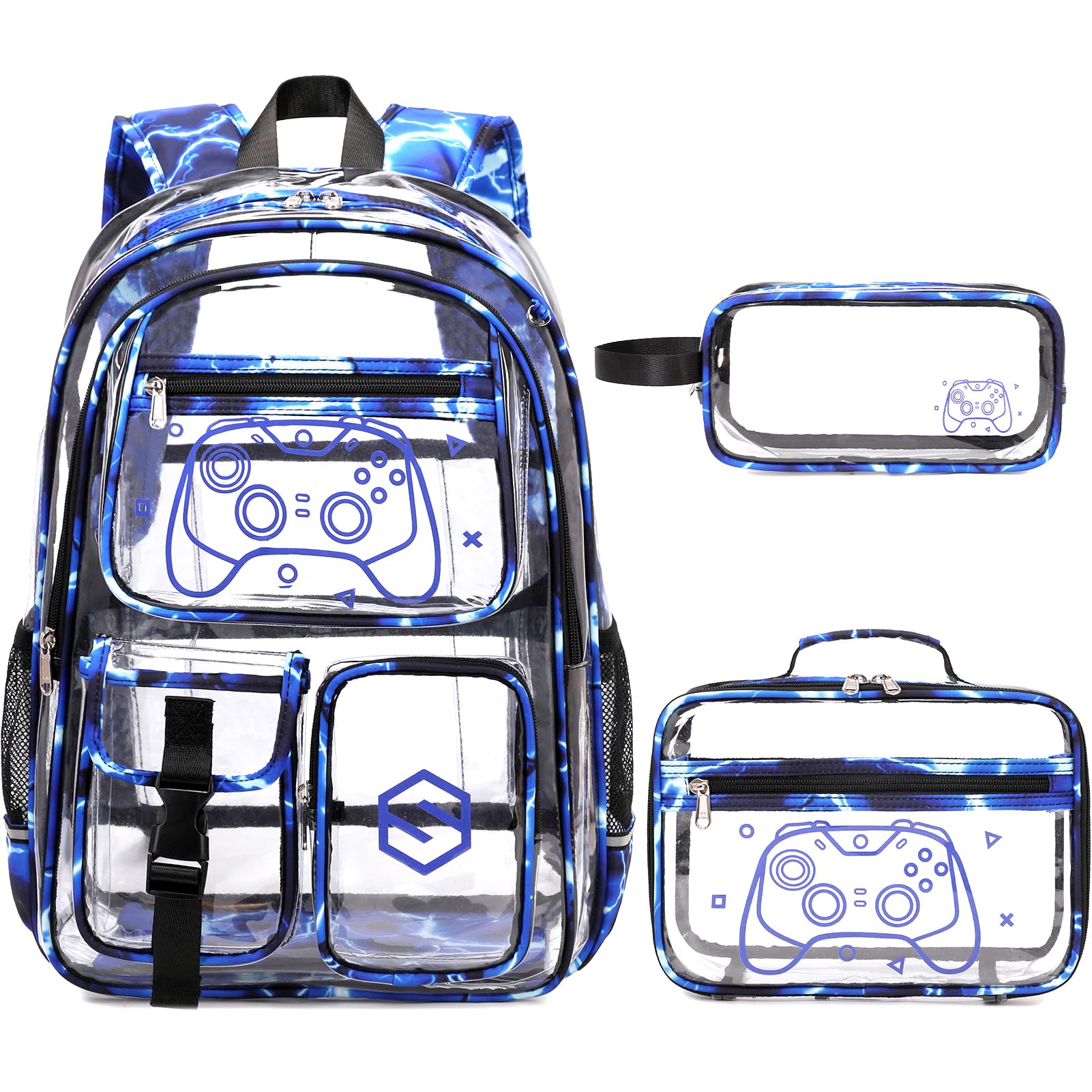 DIGOBAY 3PCS Cool Luminous Clear Backpack for Boys Kids, Gamer Clear Bookbag for School, See Through PVC Transparent Backpacks with Lunch Bag Pencil Case, Backpack Heavy Duty for School Stadium