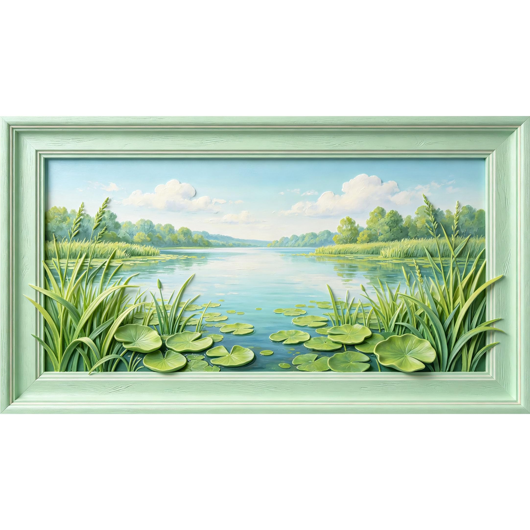 QZLITHOTIC 50×90cm3D Framed Wall Art， Serene Lake Landscape Water Lily Floral SelfActivated Mural， WaterActivated Peel & Stick Fabric Decor Wall Decal for Bedroom Living Room