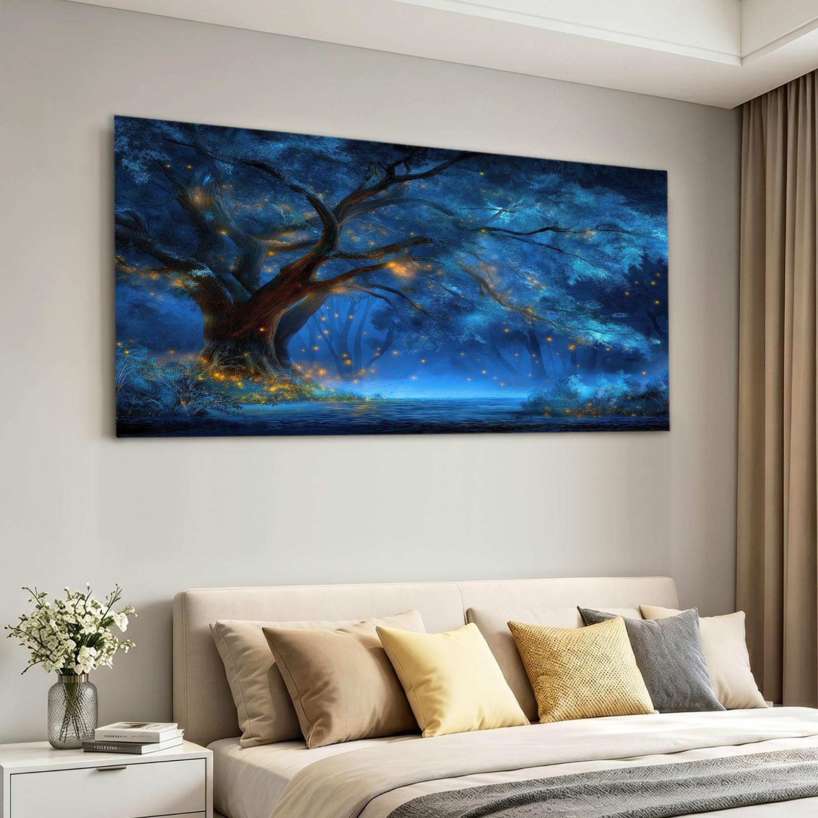 Obraz ścienny Fantasy las obraz na płótnie - płótno ścienne 120 x 60 cm, druk na płótnie ze świetlikami, roślinami, drzewami, oprawiona sztuka ścienna do salonu i sypialni, dekoracja ścienna