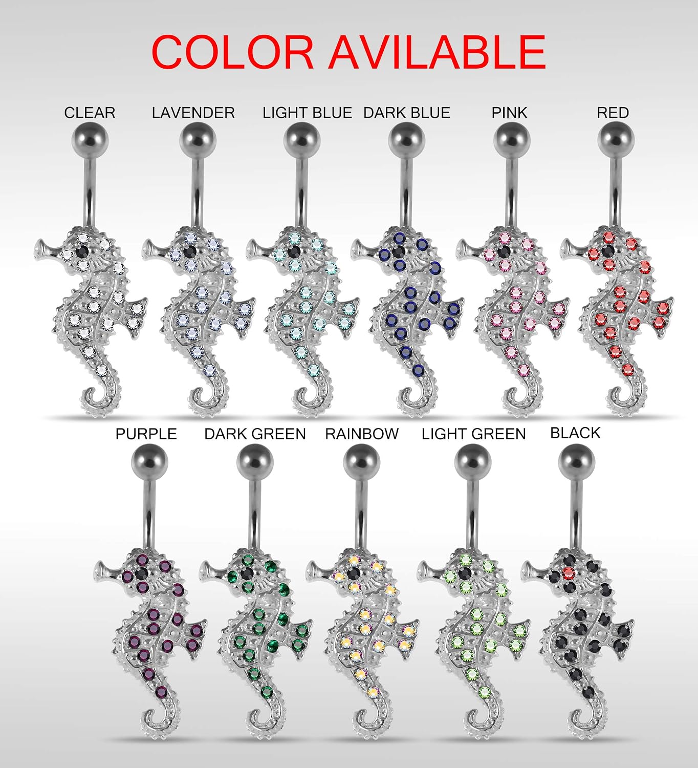 Multi Crystal Gemstone Stylish Seahorse Design 925 Sterling Silver with Stainless Steel Belly Ring - Belly Button jewelry - Navel jewelry