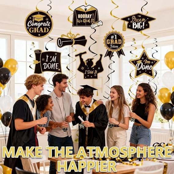 30-Piece Graduation Decoration Set Black Gold Hanging Decoration & Spirals & Pendant for Graduation Party
