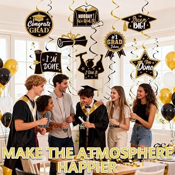 30-Piece Graduation Decoration Set Black Gold Hanging Decoration & Spirals & Pendant for Graduation Party
