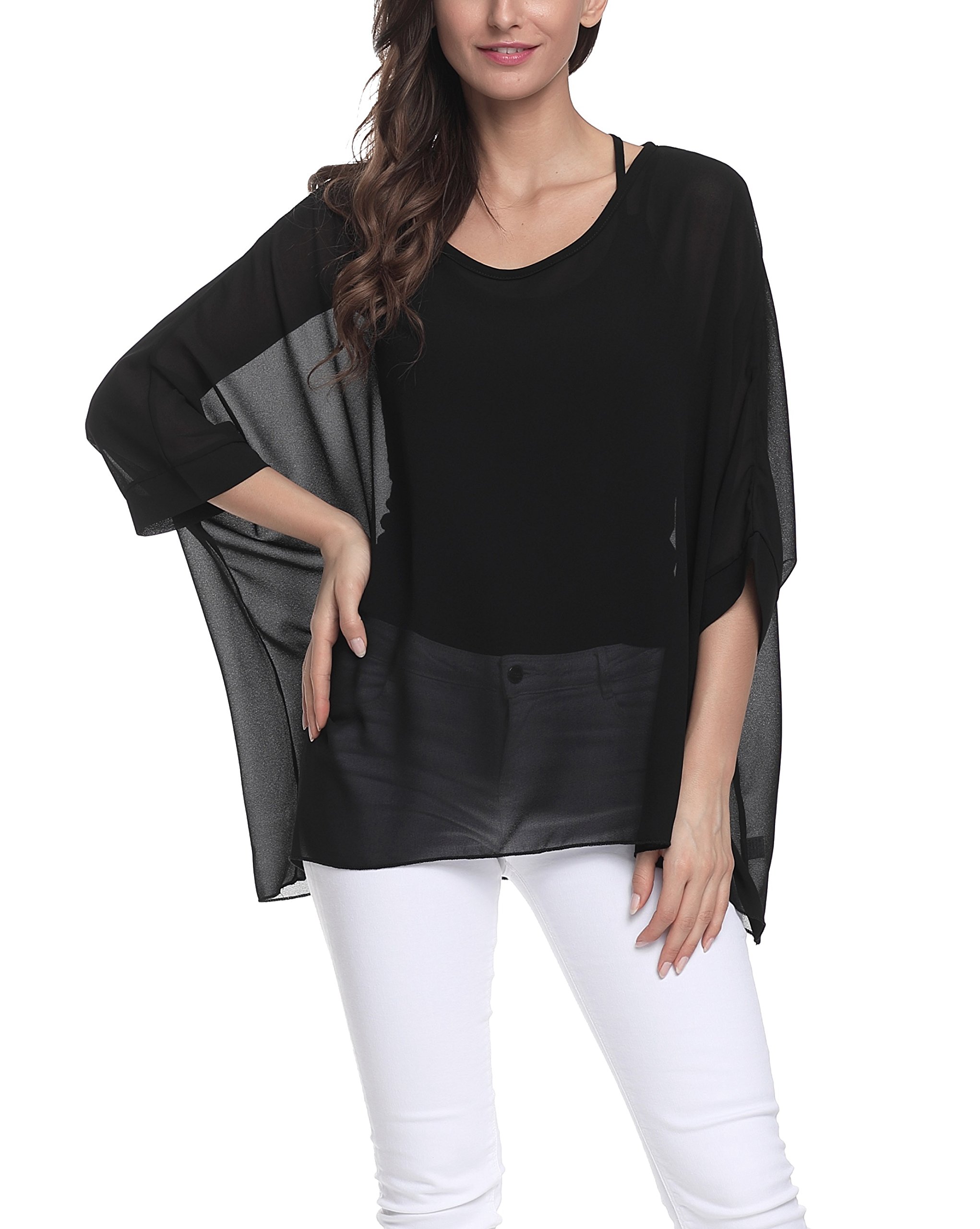 Plus Size Floral Chiffon Batwing Sleeve Tunic Blouse Boho Off-Shoulder Beach Cover Up Loose Summer Tops for Women