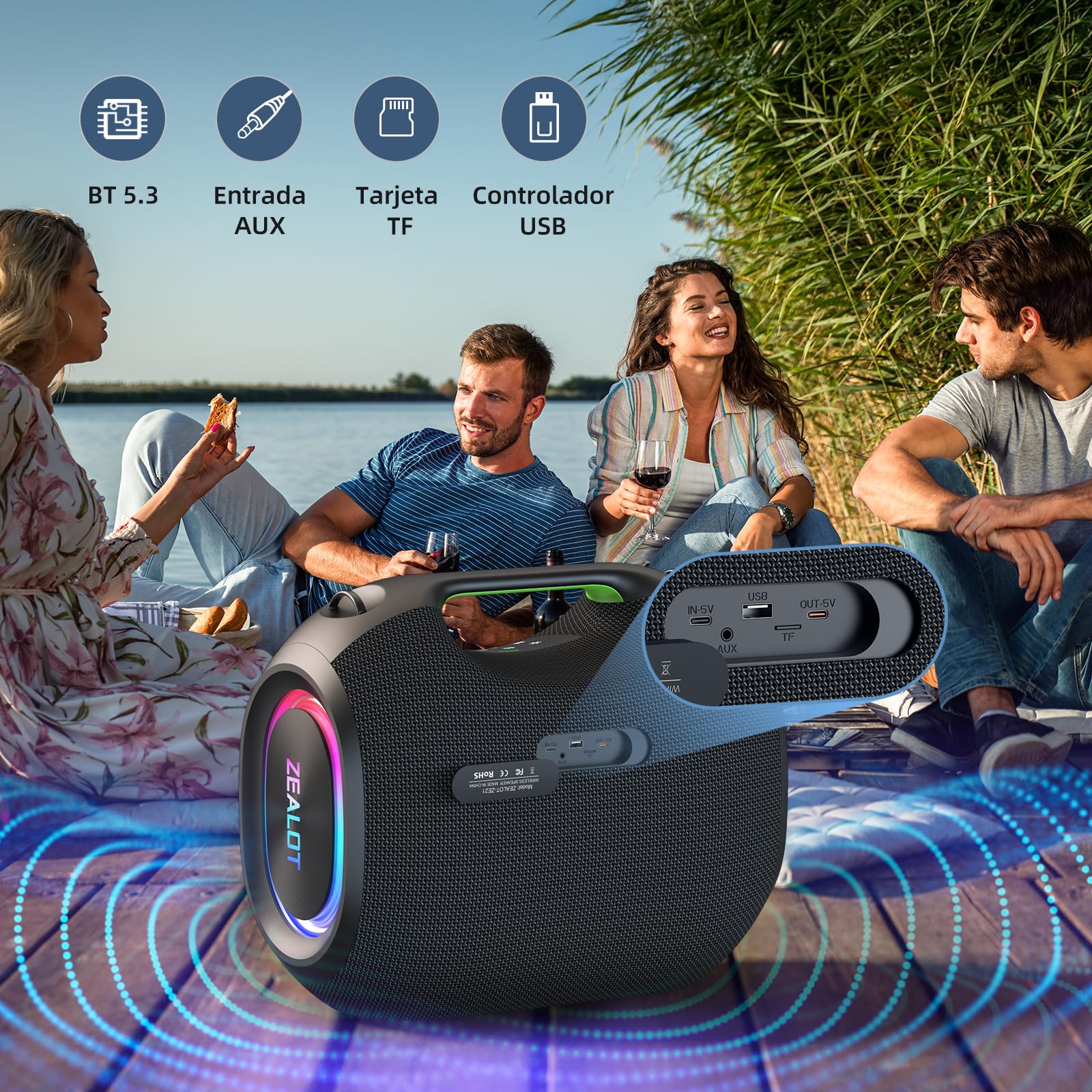 Zealot 250W Altavoz Portátil Bluetooth Inalámbrico Potente, 40H de Batería, Bluetooth 5.3 y Resistente al Agua IPX6, Emparejamiento Inalámbrico, Apoya USB/AUX/Tarjeta TF, Negro