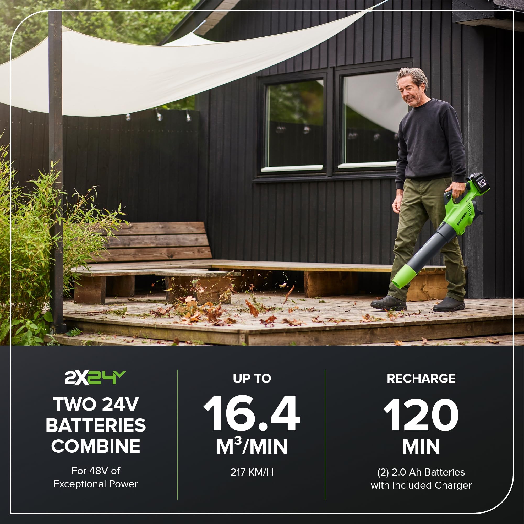 Greenworks 48V(24V x 2) Soplador de Hojas a Batería Axial, con Motor sin Escobillas, Función Turbo, 217 km/h, 16,4 m³/min Dos de las Baterías de y Cargador, Garantía de 3 Años GD24X2AB