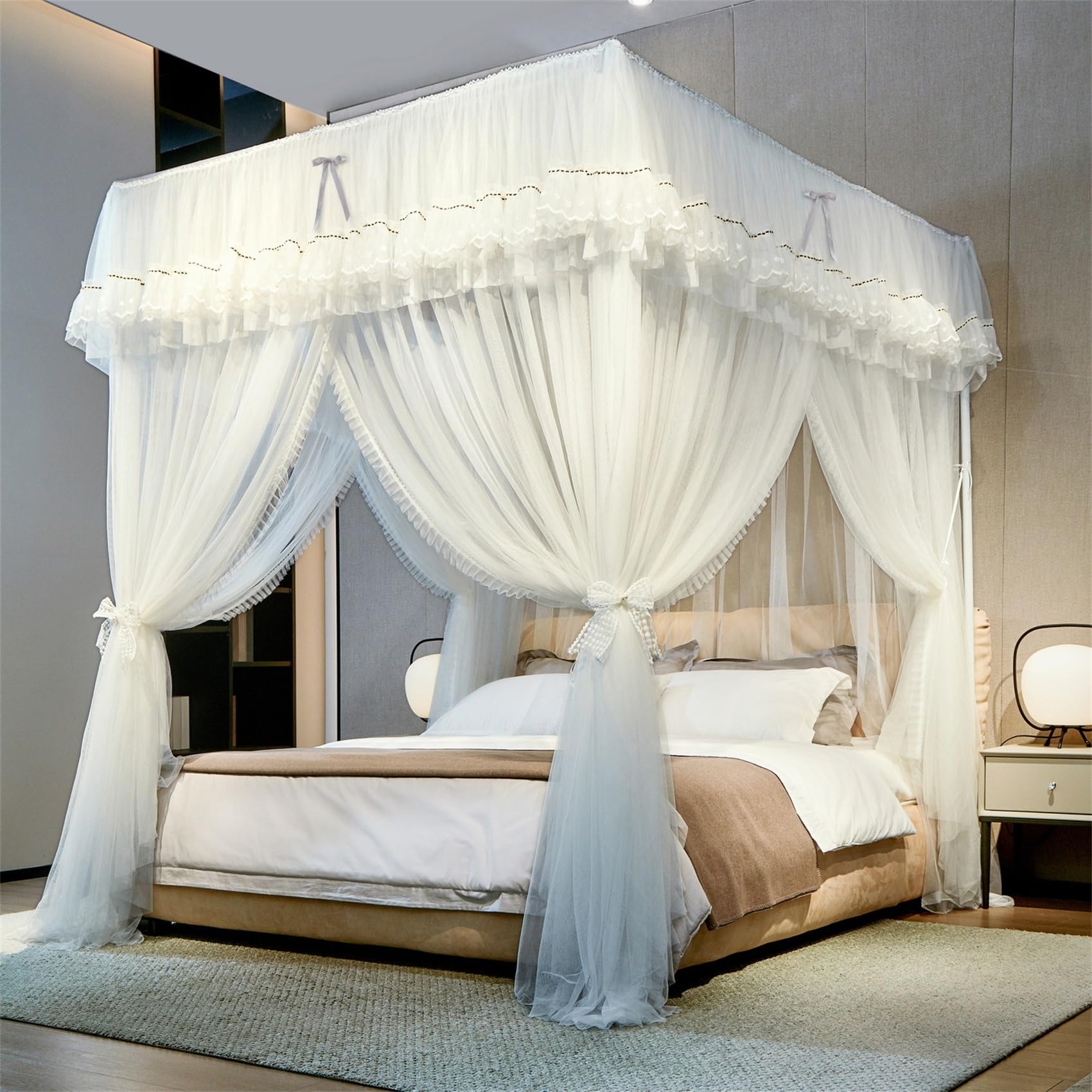 GUOIOOI Canopy Bed Curtains 4 Corners Post Ruffle Lace bow Princess Bed Canopy with Removable Blackout Top,Double‑Layer Cozy Drape Netting 3‑Side Opening for Queen/Full Bed(White,FULL/1.5x2M)