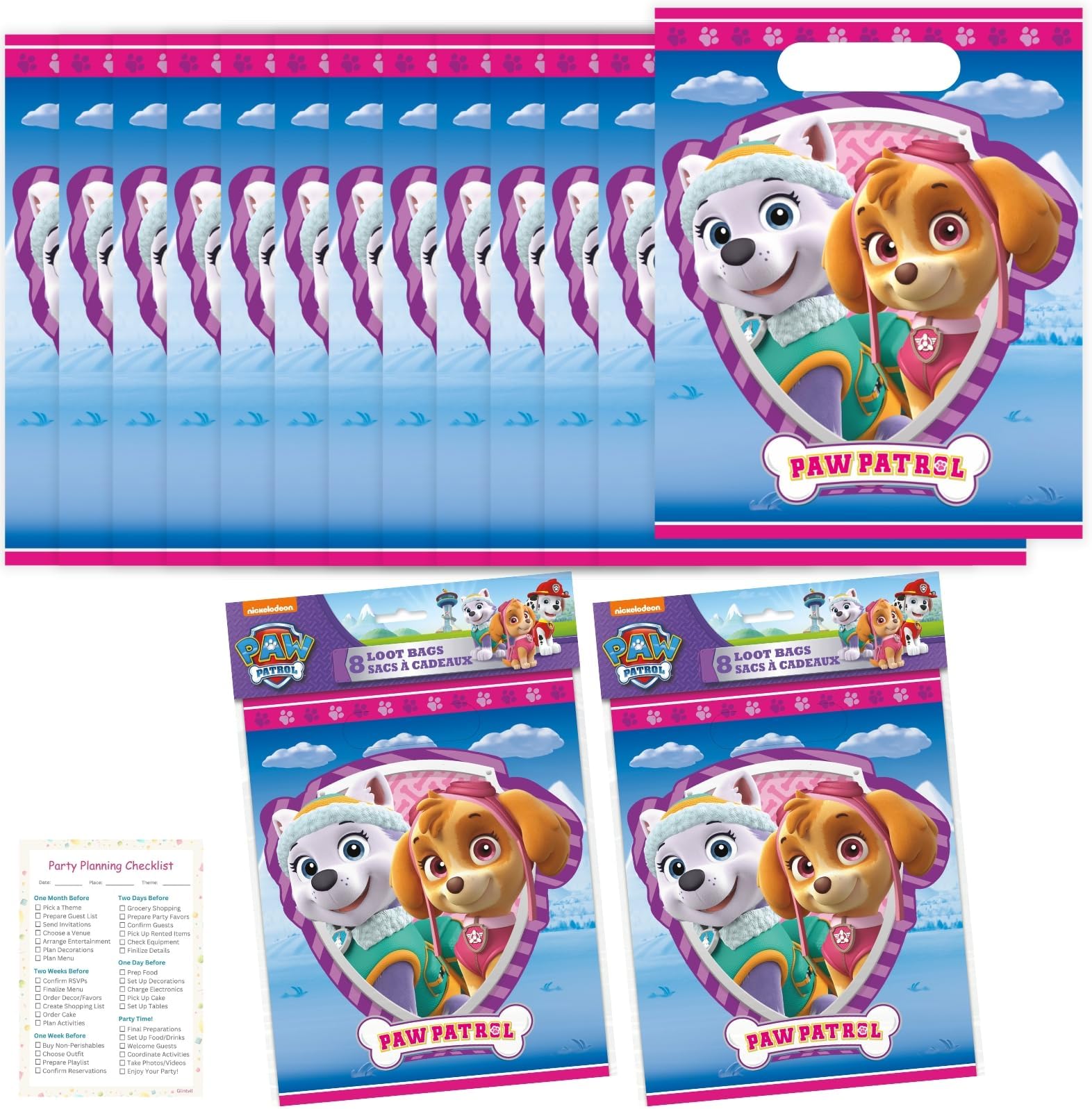 Unique Paw Patrol Party Favor Bags Set - 16 Paw Patrol Goodie Bags, Checklist - Skye Paw Patrol Birthday Decorations, Paw Patrol Everest and Skye Birthday Decorations