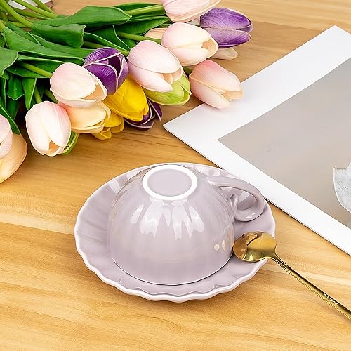 Miniatura 6 de Juego de tazas de café y té de cerámica púrpura con platillo y cuchara, vajilla elegante para el hogar, cafetería y restaurante para uso diario