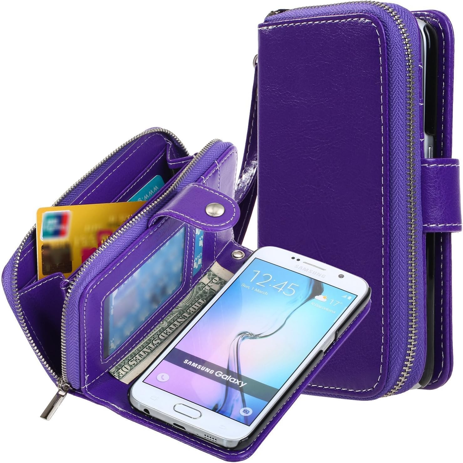 E LV Case for Galaxy S7 Case 2IN1 (CASE Cum Purse) PU Leather flip Wallet Bag Pouch Case Cover for Samsung Galaxy S7 - [Purple]