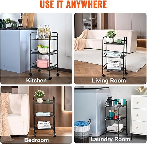 Miniatura 6 de VEVOR Carrito de metal de 3 niveles, carrito utilitario resistente con ruedas bloqueables, carrito de almacenamiento multifuncional con asa para