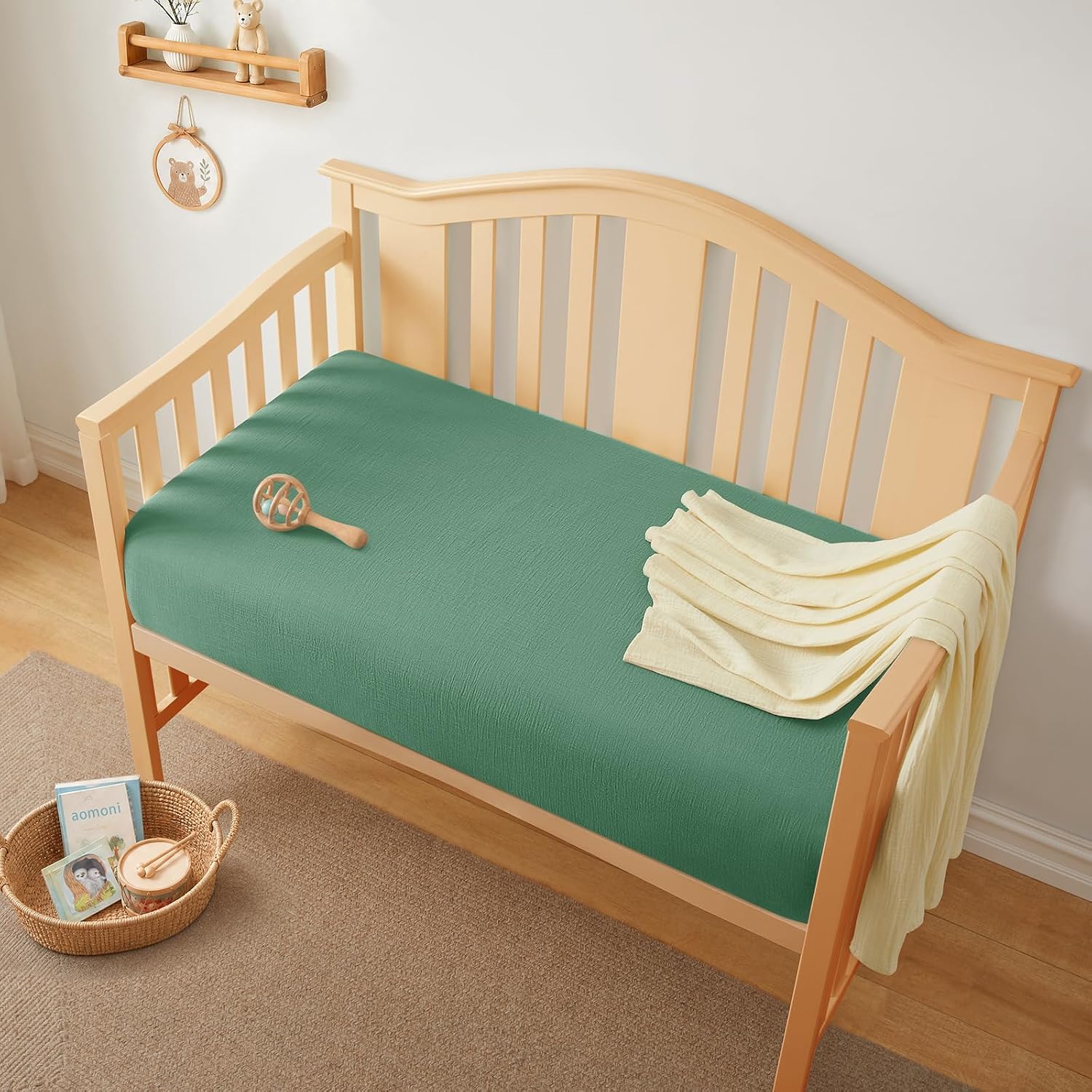 Horbaunal 2 Pack Muslin Crib Sheets for Baby, 52" x 28", Beige & Green image 3