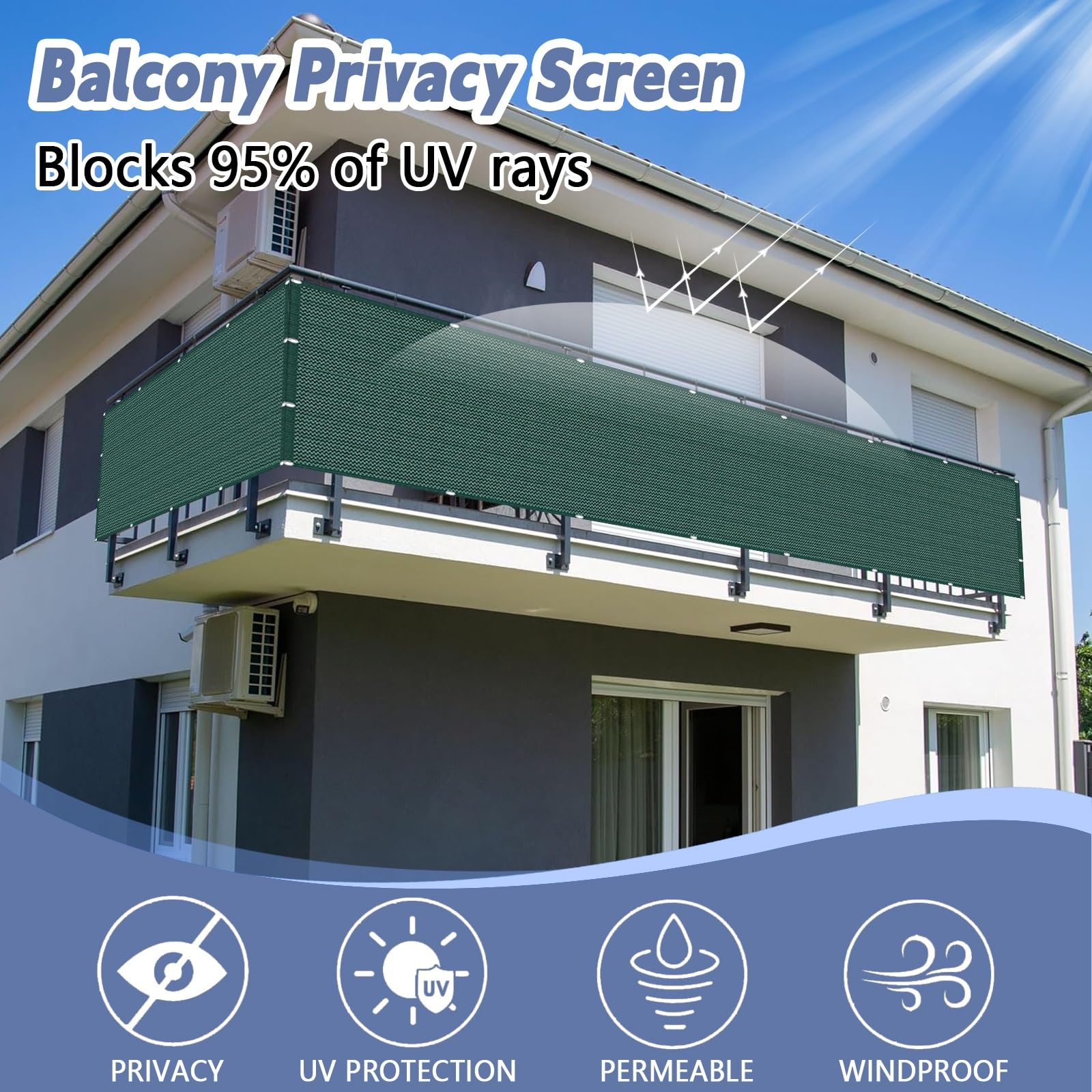 Osłona Balkonowa HDPE 70 x 800 cm 95% Ochrony Uv, Przeciwko Podglądaniu, Odporny Na Wiatr, Osłona Prywatności Na Balustradę Balkonową Do Zewnętrznego Tarasu, Ciemnozielony