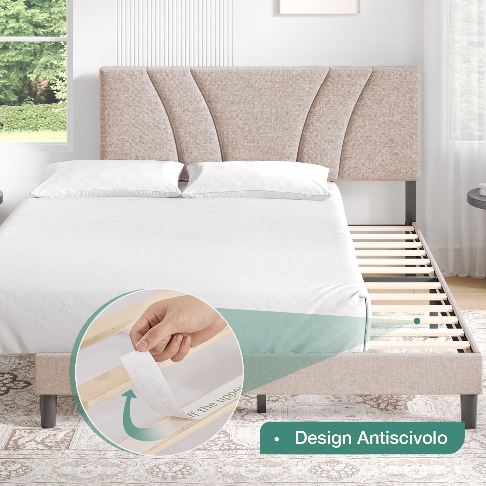 Novilla Telaio del Letto Matrimoniale 180x200 Rete Letto a Piattaforma Imbottito con Testiera Imbottita e Schienale, Supporto per Doghe in Legno, Facile da Montare, Beige