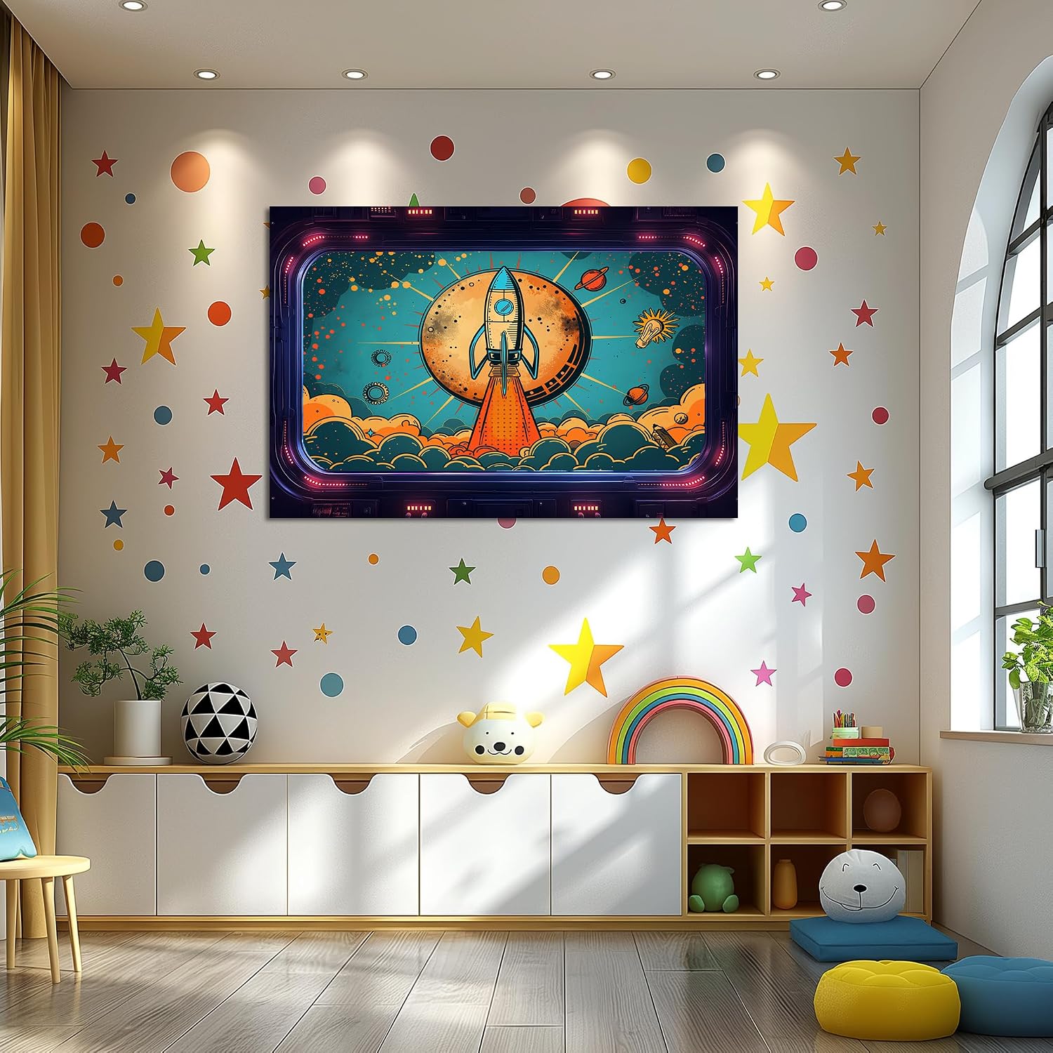 WOOHOOROO Fake Window Wall Sticker Retro Rocket Planet Glow Comic Style Space Mural Peel and Stick,32" x 48"
