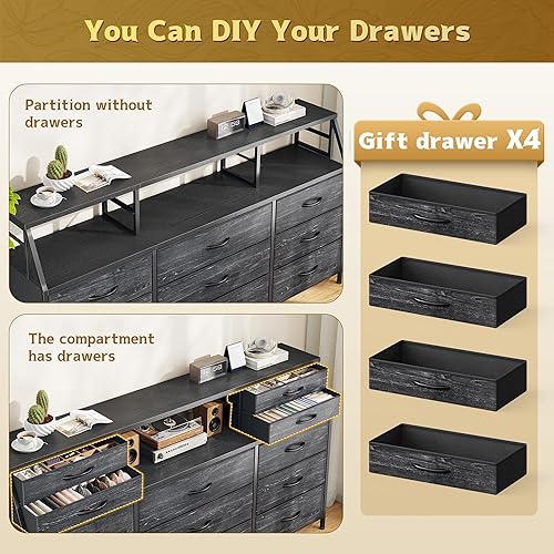 Miniatura 6 de Soporte de TV de 55 pulgadas de ancho para dormitorio con cajones de tela grandes, cómoda larga y resistente, centro de entretenimiento con estantes