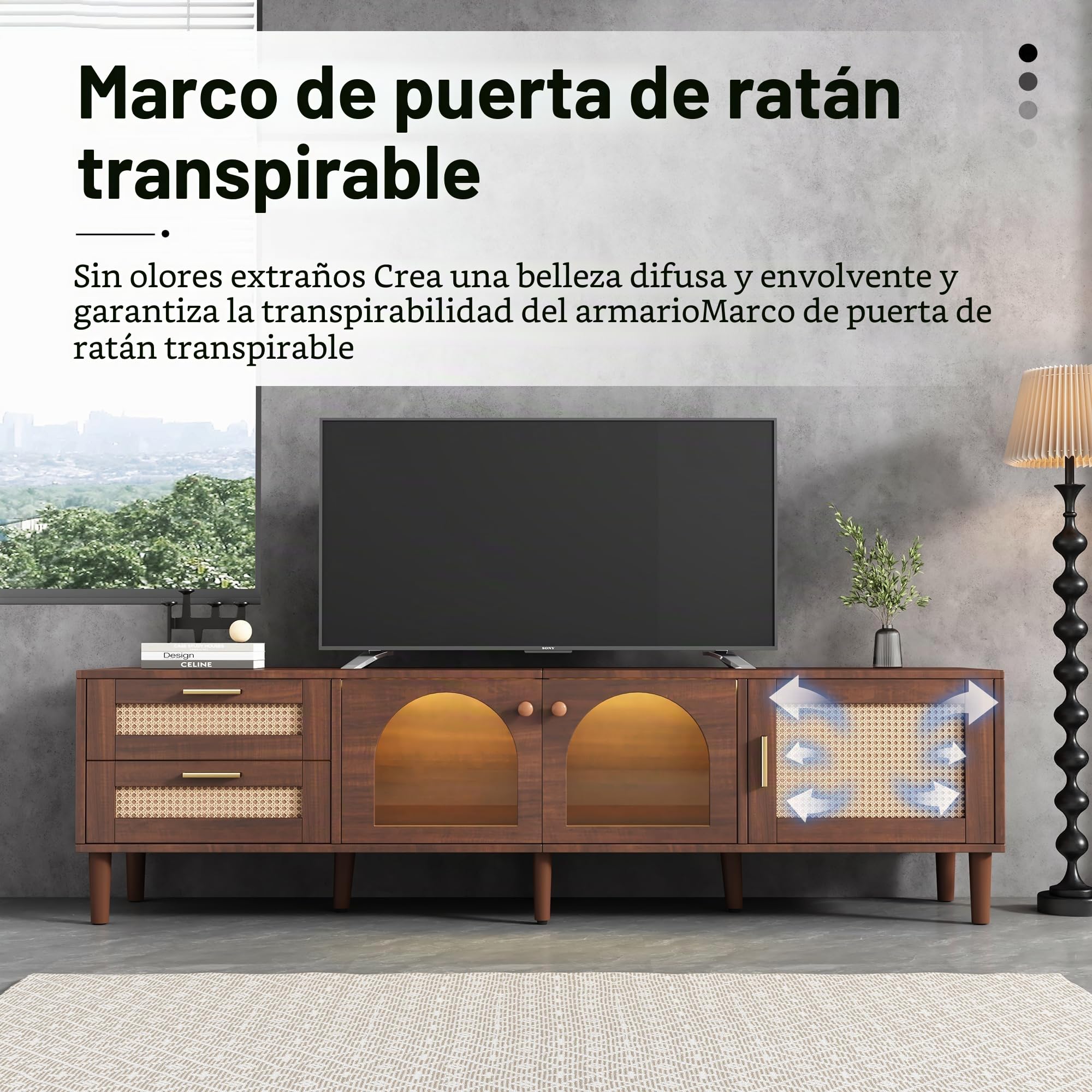 TIZZ Mueble de TV de 180 cm marrón para televisor de 80 pulgadas con 2 cajones de ratán, 2 puertas de cristal arqueadas, 1 puerta de ratán, iluminación LED, salón, almacenamiento elegante