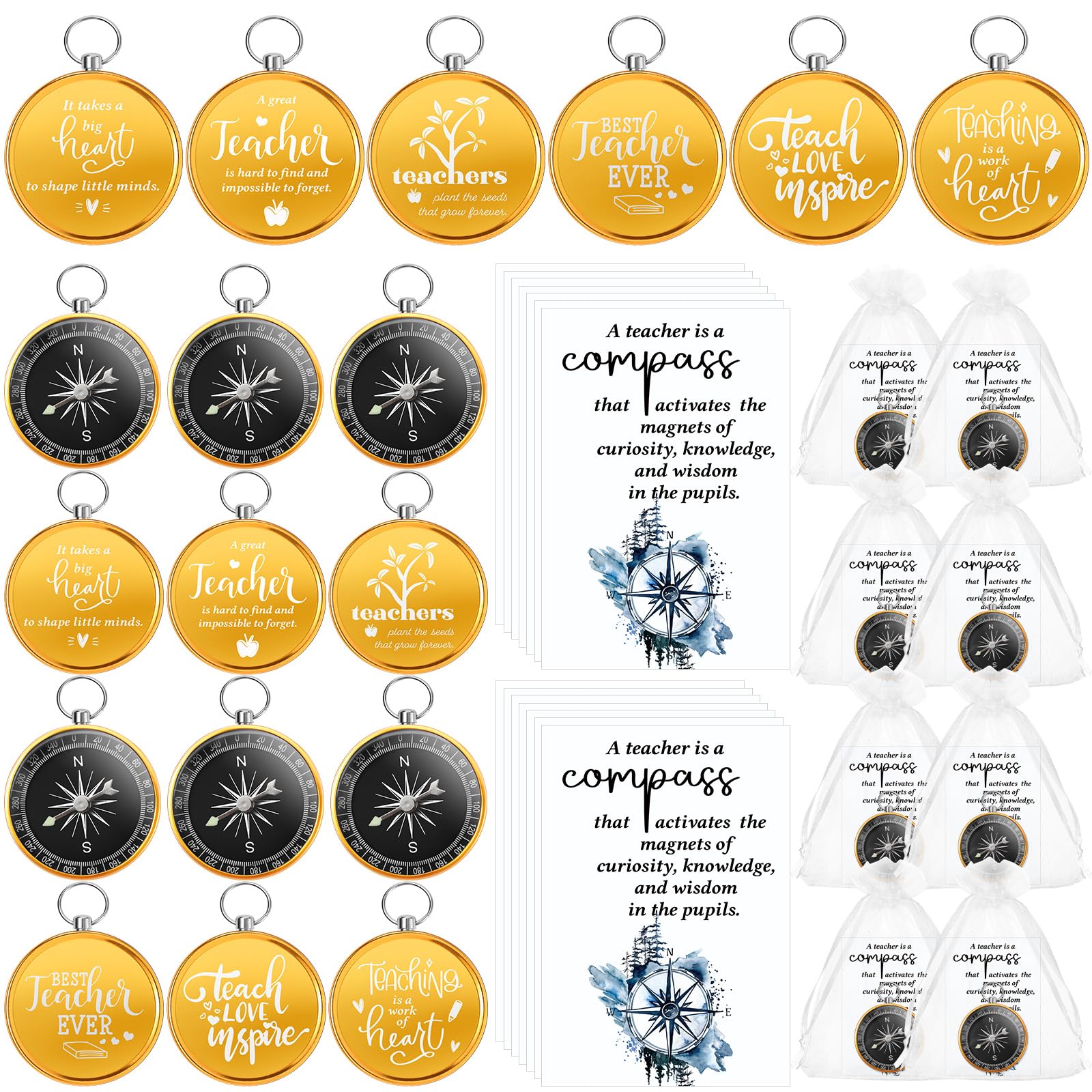 Coume 30 Sets Teacher Appreciation Gifts Bulk Inspirational Pocket Compass Teacher Keychain Motivational Compass with Thank You Cards and Organza Bag for End of Year Gifts