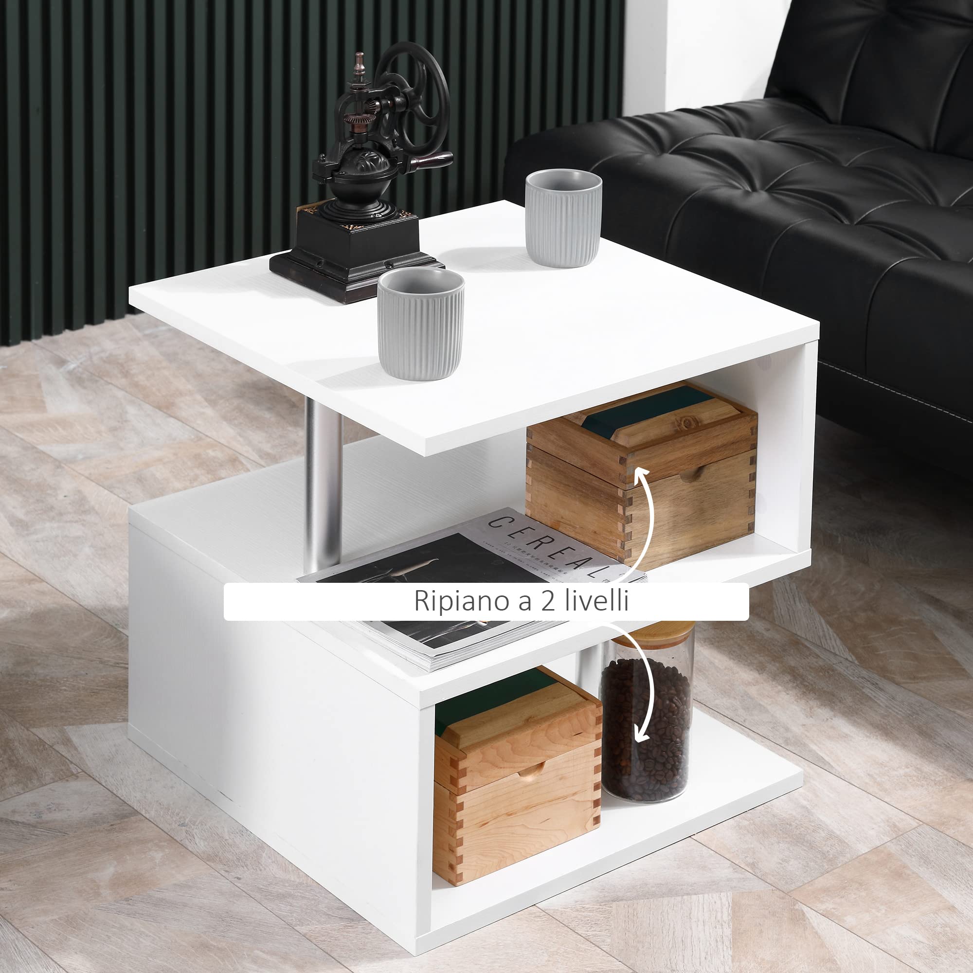 HOMCOM Tavolino Basso Da Salotto Due Ripiani Forma S 50 x 50 x 50cm Bianco