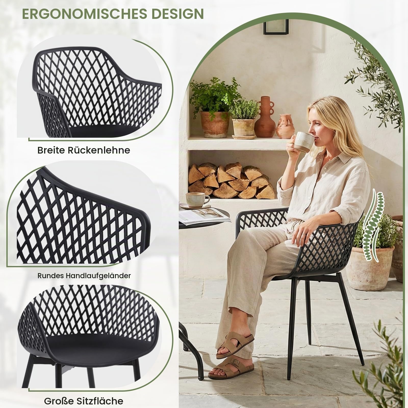 Runder Esstisch mit 4 Stühlen Set, Balkonmöbel Set für Kleinen Balkon, Balkontisch Klein für Garten, Terrasse, Balkon, Schwarzer Tisch (Ø 80 cm) + 4 Schwarze Sessel