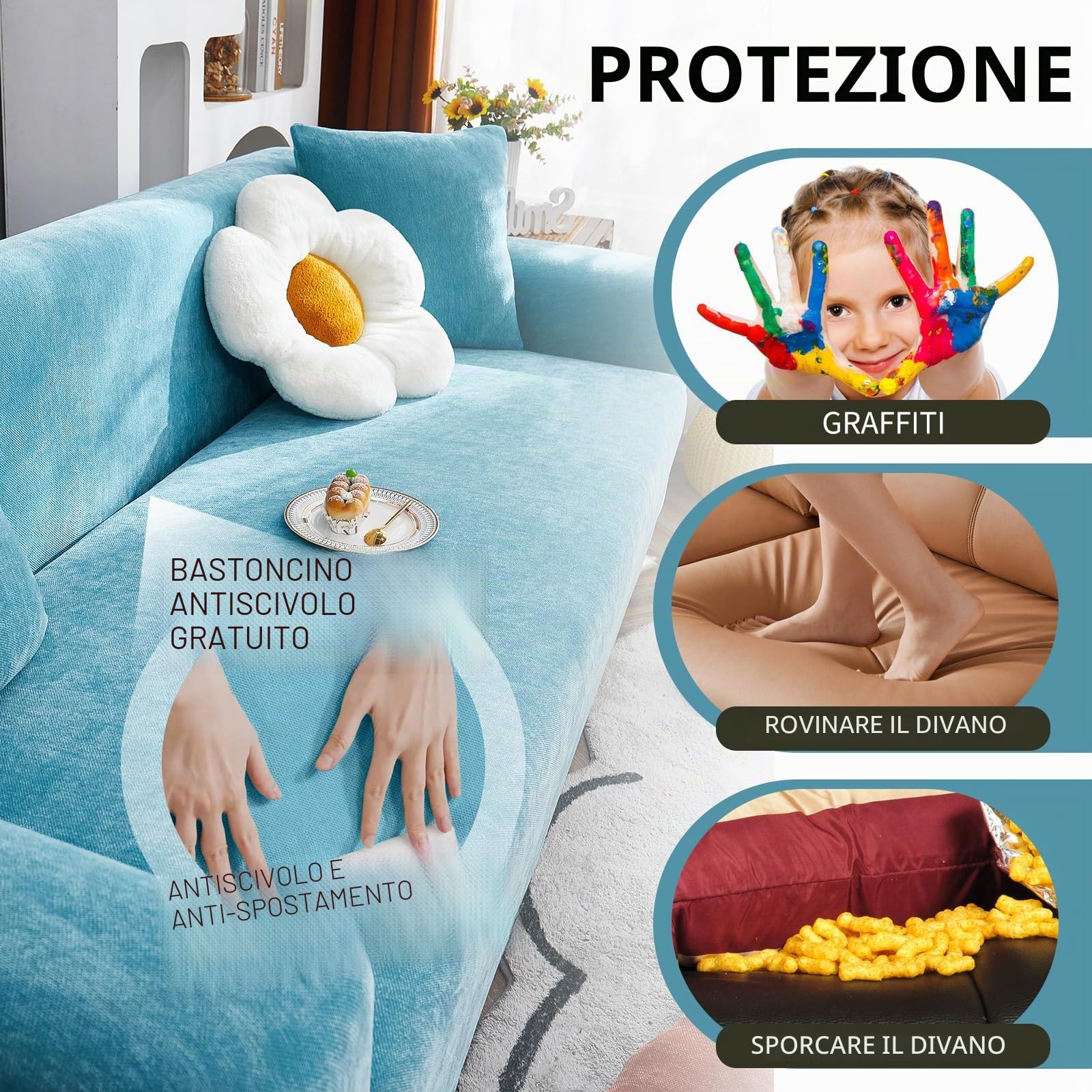 Copridivano Ad Alta Elasticità Copri Divani Moderno Antiscivolo Poliestere Jacquard Elastico Copridivano Per Soggiorno Protettore Per Cani Animali Domestici (3 Seduta, Blu cielo)