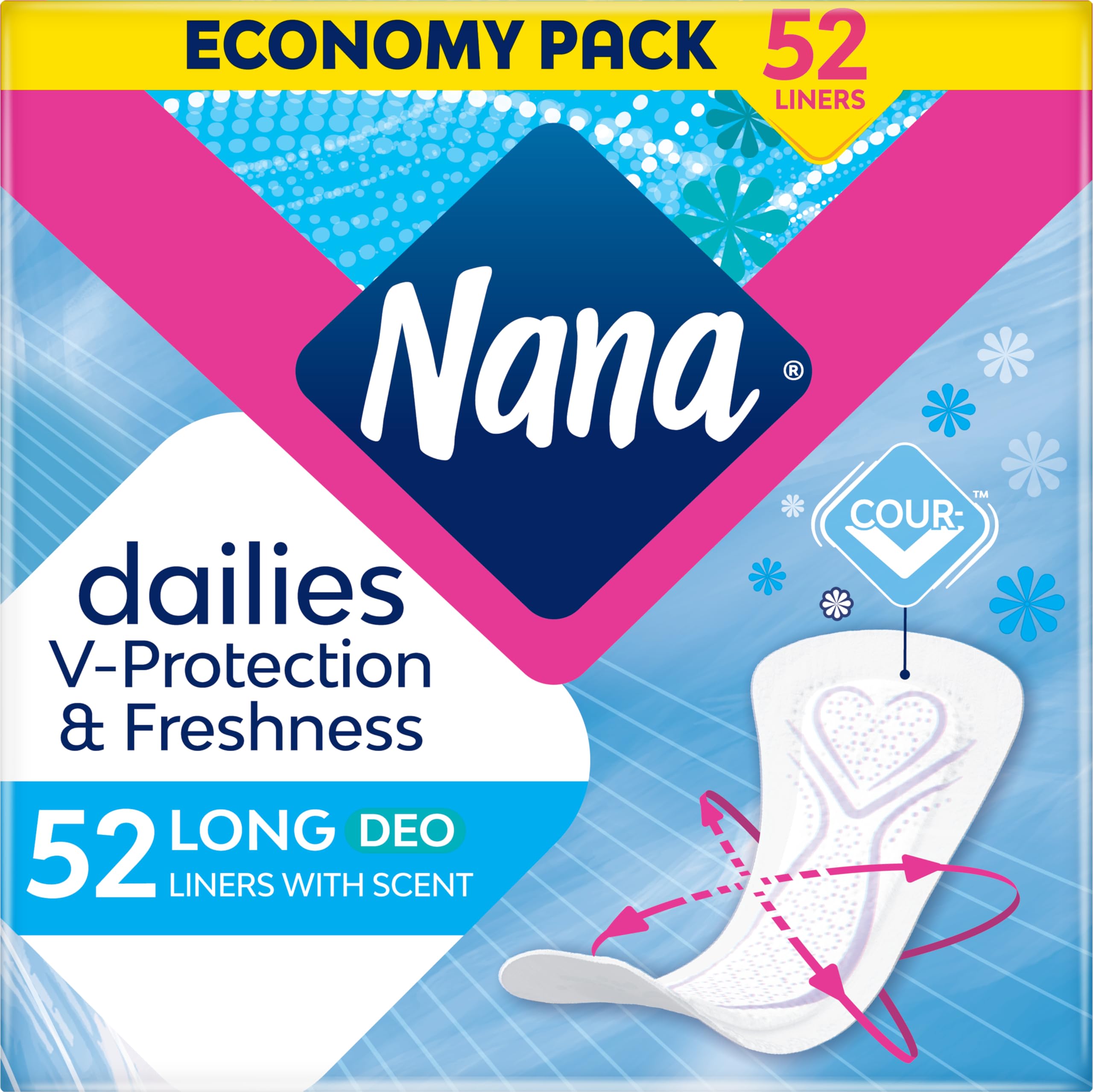 Nana Daily Long Panty Liners Deo Scented, Super Absorbent, Gentle on the skin - 52 Liners (Economy pack)