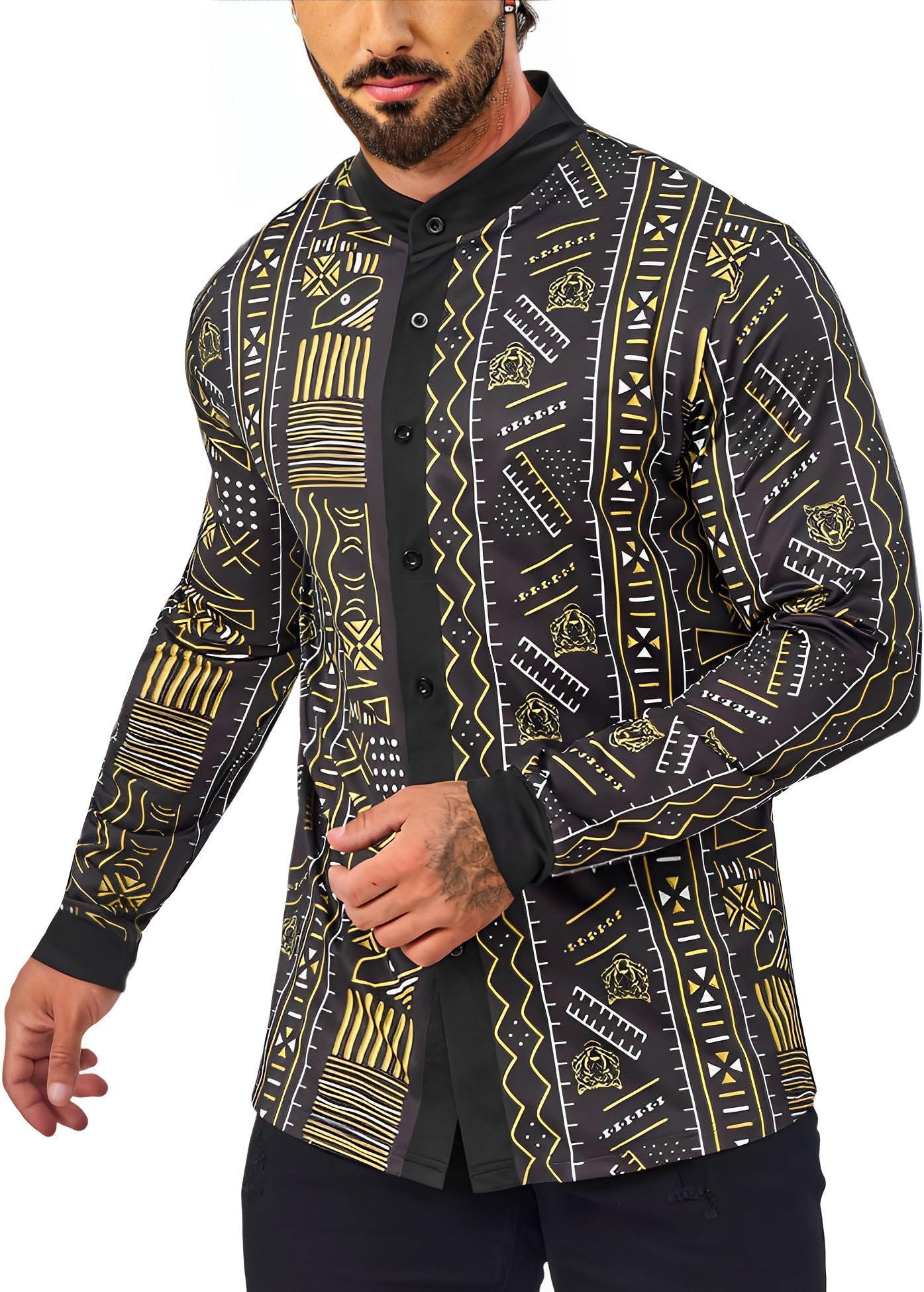 Men's African Traditional Pattern Print Shirt Casual Long Sleeve Button Down Shirts Luxury Printed Dashiki for Men