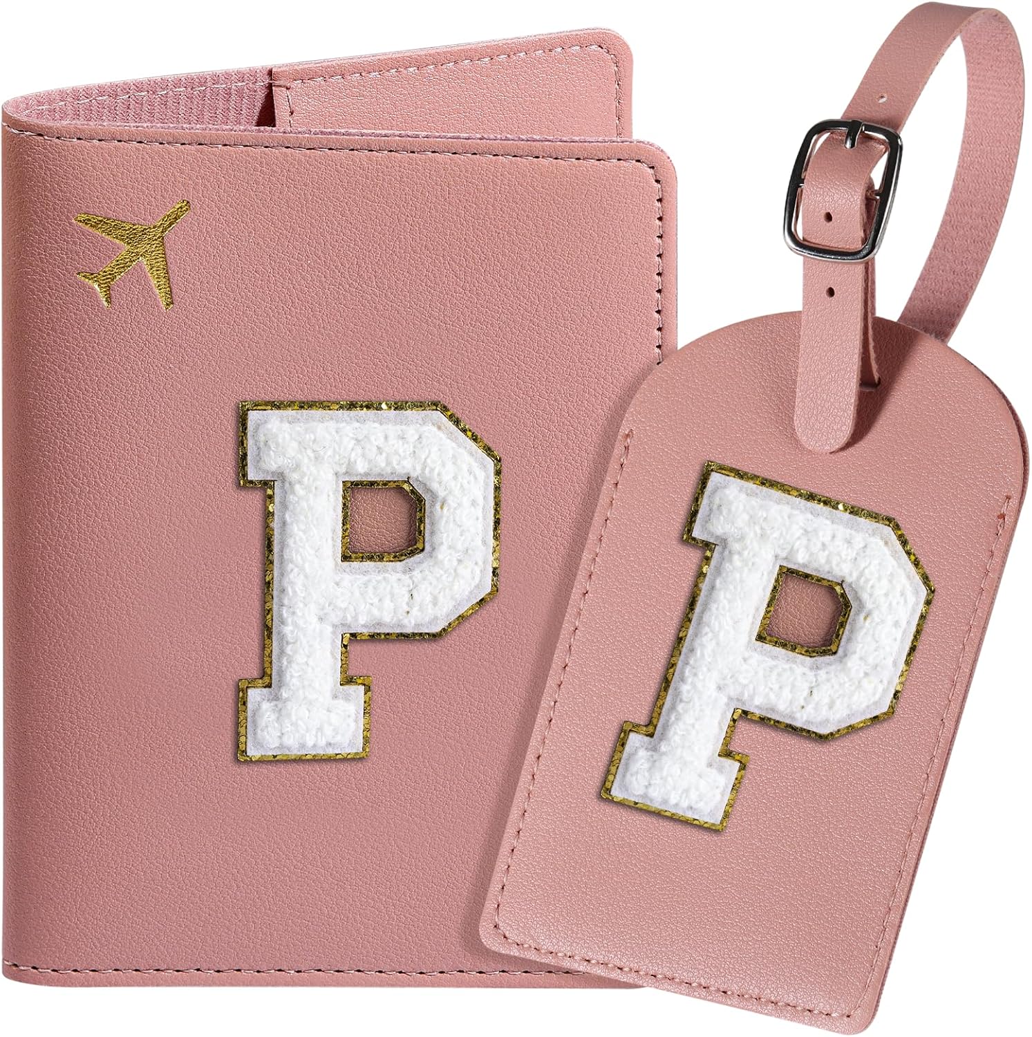 Passport Cover Case and Luggage Tag Set for Women Girls, Passport Book Holder with Personalized Chenille Letter Patch, Slim Travel Wallet Bag Suitcase Identifier, Pink, P Passport Cover Case and Luggage Tag Set for Women Girls, Passport Book Holder with Personalized Chenille Letter Patch, Slim Travel Wallet Bag Suitcase Identifier, Pink, P