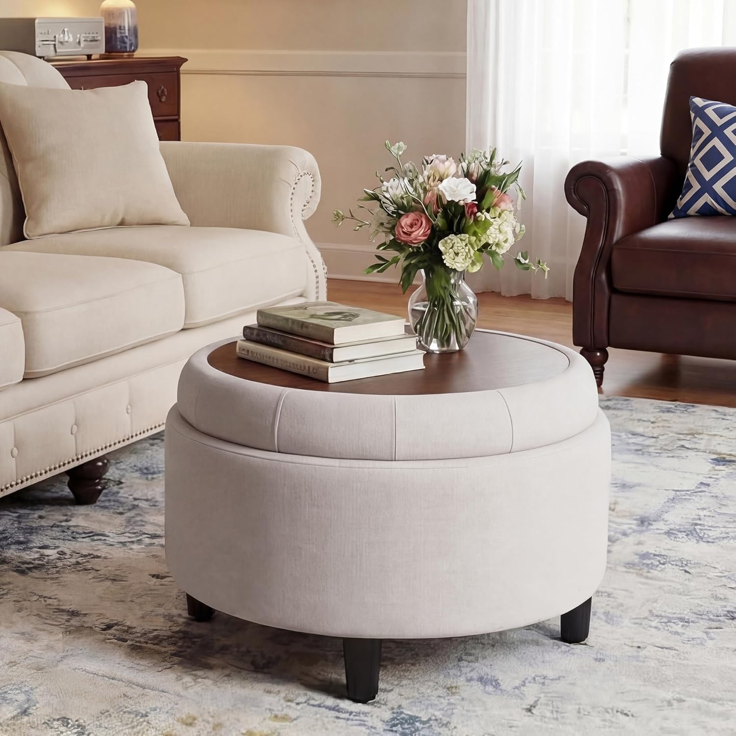 COLAMY Fabric Round Storage Ottoman with Reversible Tray Lid – Multi-Functional Footrest, Hidden Storage, Sturdy & Stylish Small Coffee Table for Living Room, Bedroom, or Entryway(Beige)