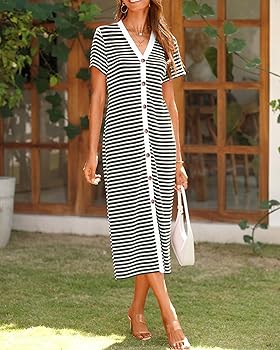 BTFBM Women Casual Summer Dresses Short Sleeve Striped Midi