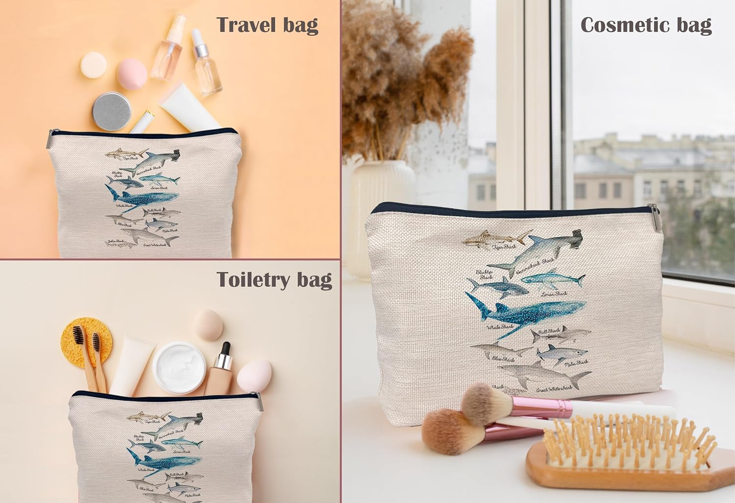 Shark Makeup Bag,Shark Stuff,Shark Gifts For Shark Lovers，Marine Life Species Of Sharks Chart Cosmetic Makeup Bag - Image 4