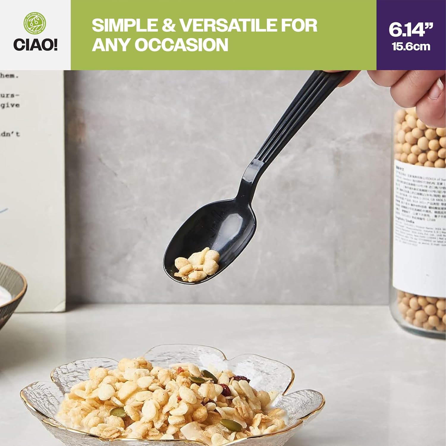 CIAO! 6.14" Black Soupspoon Heavy Weight Polypropylene Individually Wrapped (Case of 1,000)