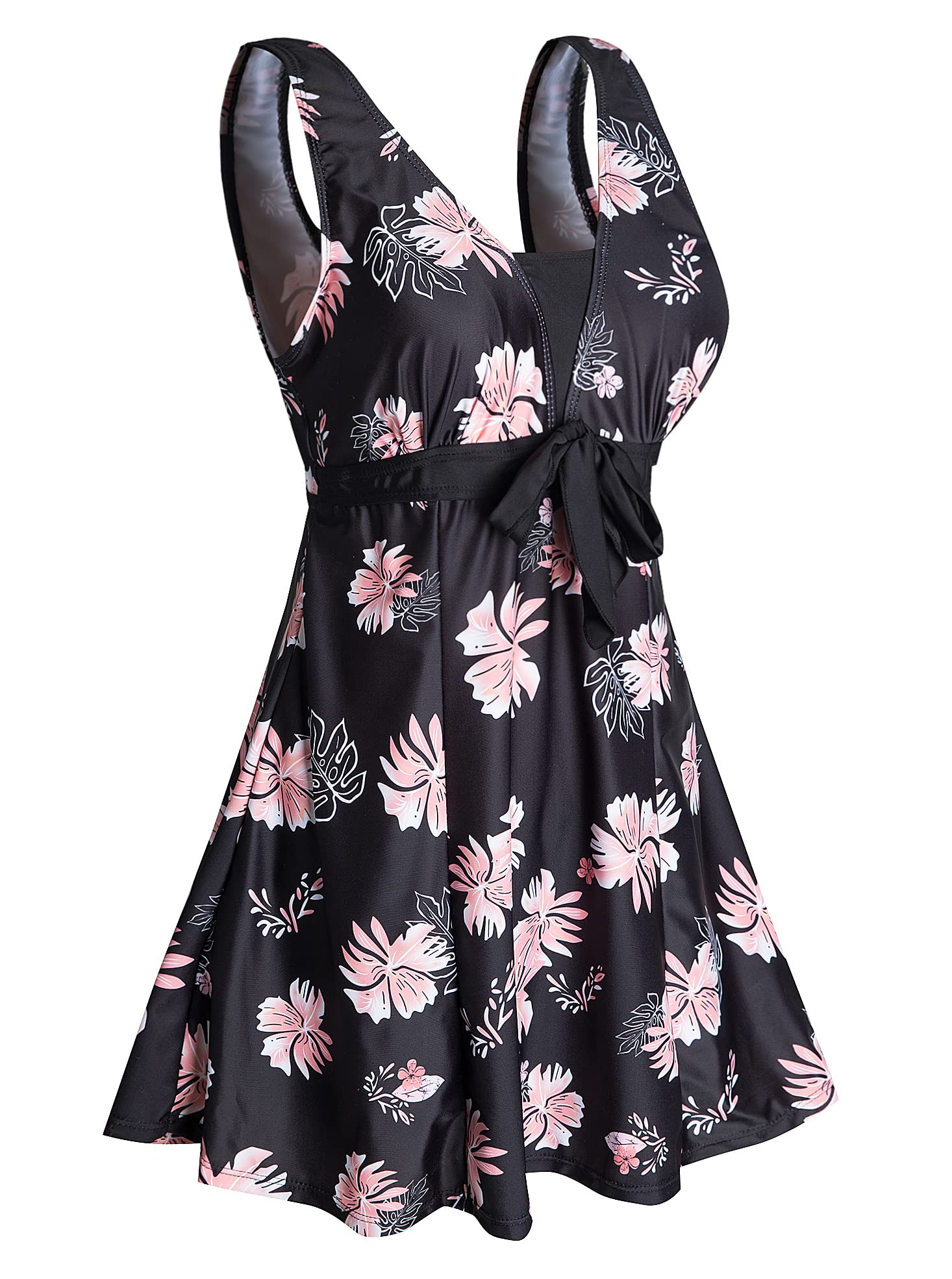 Ecupper Badpak voor dames, 1-delig, platte buik, elegant figuurvormend zwempak met push-upeffect, gevoerd, Roze bloem, 4XL