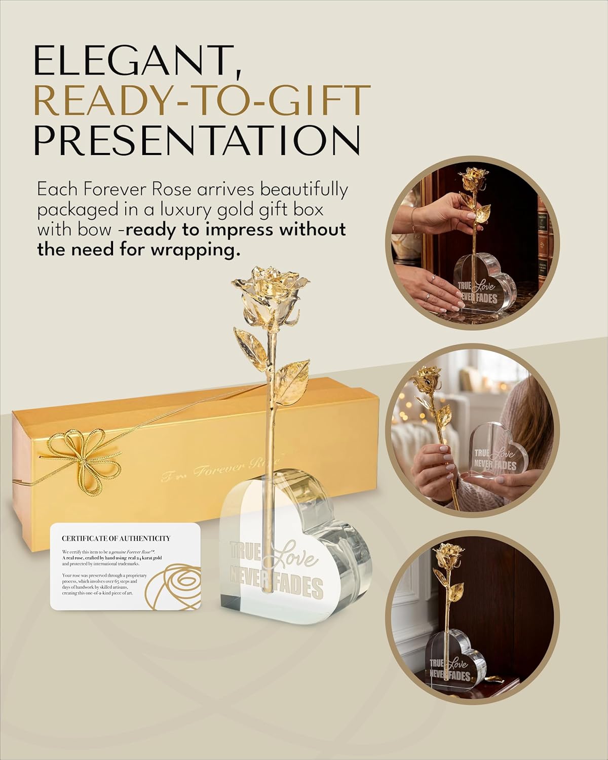 Forever Rose Personalized Combo, Includes 24K Gold Dipped Real Rose & Heart Acrylic Vase Engraved with Words 'True Love Never Fades’, Ready to Gift, Presented in Luxury Gold Gift Box with Gold Bow