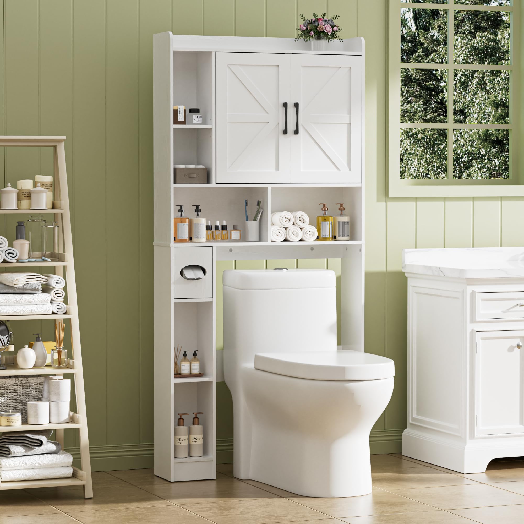 BonVache Waschmaschinenschrank mit 2 Türen, Verstellbare Ablagen, Waschmaschinenregal mit Seitenfach für Papierhandtuch und 6 offene Fächer, für Badezimmer, Toilette und Waschküche, Weiß