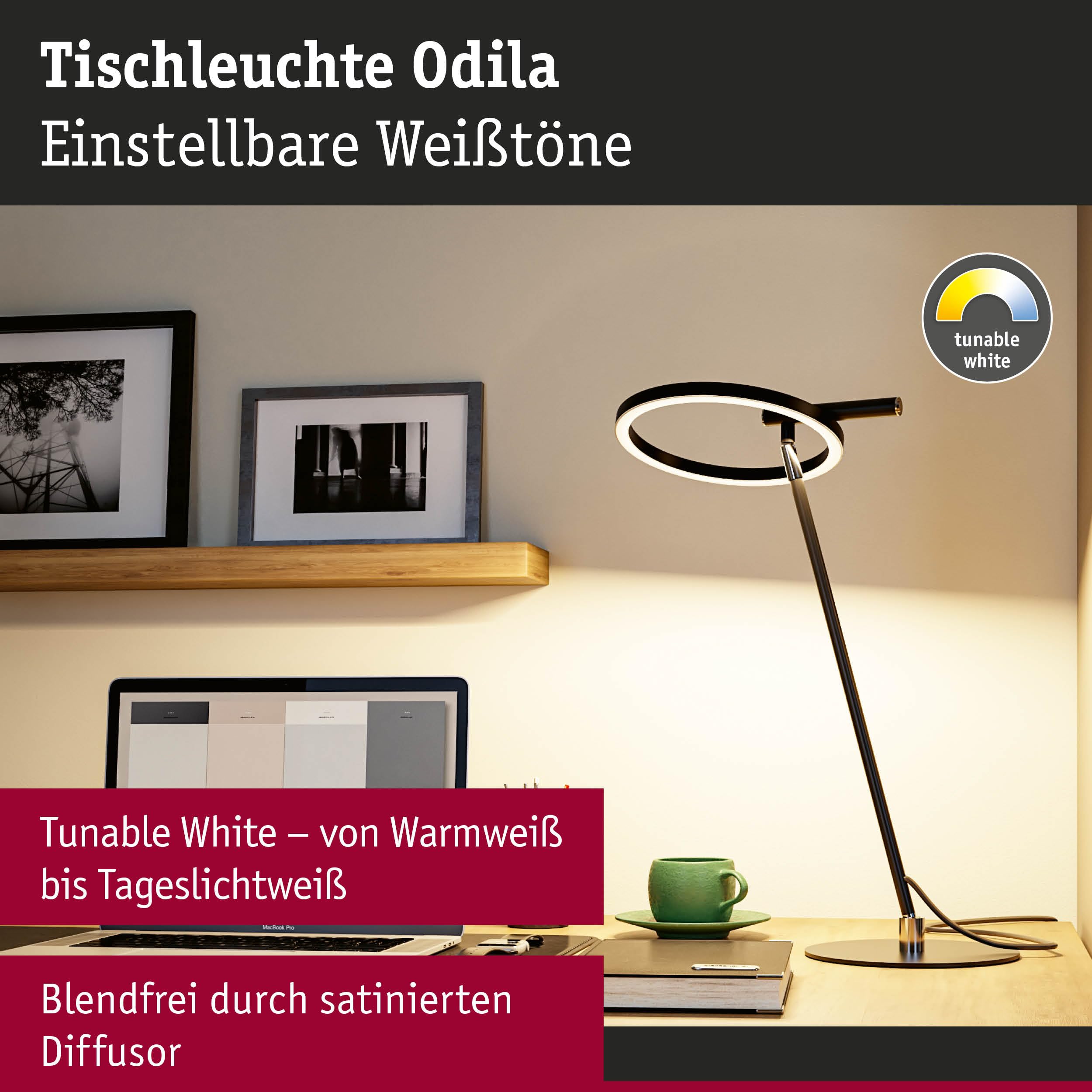 Paulmann 71280 LED Schreibtischleuchte Odila Tunable White 650lm 10,4W Schwarz matt, Chrom